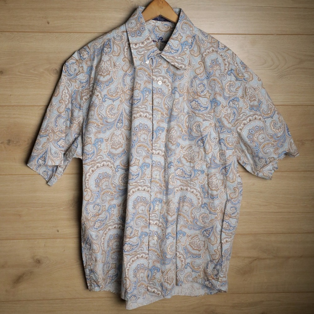Alan Flusser Short Sleeve Button Up‎ Shirt Mens XL Paisley Print 100% Cotton